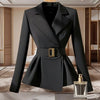 Women's Black Wrap Blazer with a Belted Waist and Long Sleeves for Spring and Autumn