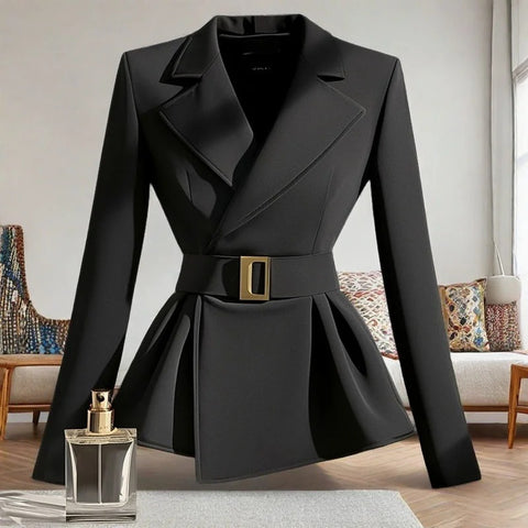 Women's Black Wrap Blazer with a Belted Waist and Long Sleeves for Spring and Autumn