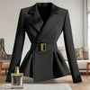 Women's Black Wrap Blazer with a Belted Waist and Long Sleeves for Spring and Autumn