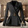 Women's Black Wrap Blazer with a Belted Waist and Long Sleeves for Spring and Autumn