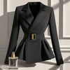 Women's Black Wrap Blazer with a Belted Waist and Long Sleeves for Spring and Autumn