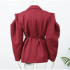 Women's V-Neck Blazer with a Lace-Up Waist and Lapel Pockets in Gray Wine Red or Brown