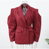 Women's V-Neck Blazer with a Lace-Up Waist and Lapel Pockets in Gray Wine Red or Brown