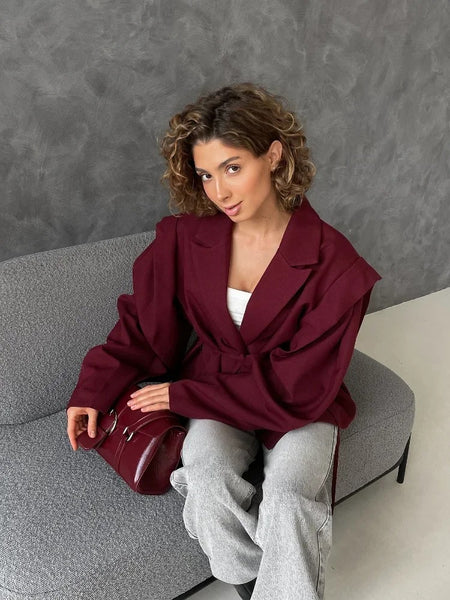 Women's V-Neck Blazer with a Lace-Up Waist and Lapel Pockets in Gray Wine Red or Brown