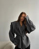 Women's V-Neck Blazer with a Lace-Up Waist and Lapel Pockets in Gray Wine Red or Brown