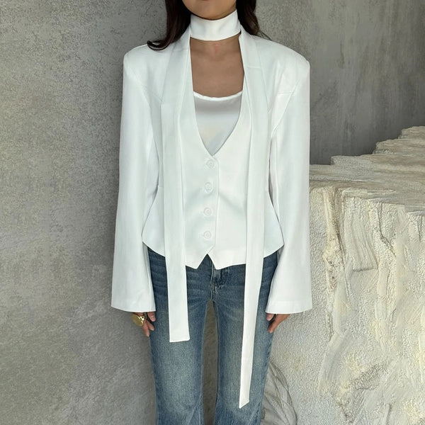 Women's V-Neck Blazer Jacket with a Scarf Detail and Cinched Waist