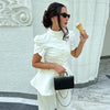 Women's White Puff-Sleeve Blazer with a Round Neck and Single-Breasted Front