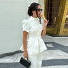 Women's White Puff-Sleeve Blazer with a Round Neck and Single-Breasted Front