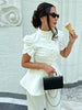 Women's White Puff-Sleeve Blazer with a Round Neck and Single-Breasted Front