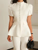Women's White Puff-Sleeve Blazer with a Round Neck and Single-Breasted Front