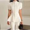 Women's White Puff-Sleeve Blazer with a Round Neck and Single-Breasted Front