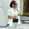 Women's White Puff-Sleeve Blazer with a Round Neck and Single-Breasted Front