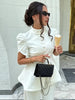 Women's White Puff-Sleeve Blazer with a Round Neck and Single-Breasted Front