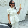 Women's White Puff-Sleeve Blazer with a Round Neck and Single-Breasted Front