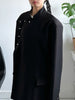 Women's Black Stand-Collar Blazer with Vintage Metal Buckles and Long Sleeves