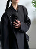 Women's Black Stand-Collar Blazer with Vintage Metal Buckles and Long Sleeves