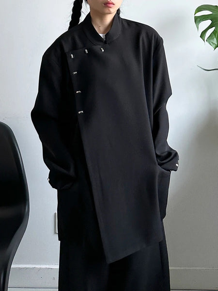 Women's Black Stand-Collar Blazer with Vintage Metal Buckles and Long Sleeves