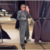 Women's Long Striped Wool Blazer Coat with Shoulder Pads and Notched Lapels