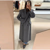 Women's Long Striped Wool Blazer Coat with Shoulder Pads and Notched Lapels
