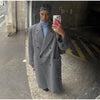 Women's Long Striped Wool Blazer Coat with Shoulder Pads and Notched Lapels