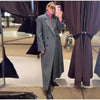 Women's Long Striped Wool Blazer Coat with Shoulder Pads and Notched Lapels