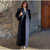 Women's Long Striped Wool Blazer Coat with Shoulder Pads and Notched Lapels
