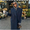 Women's Long Striped Wool Blazer Coat with Shoulder Pads and Notched Lapels
