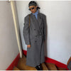 Women's Long Striped Wool Blazer Coat with Shoulder Pads and Notched Lapels