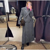 Women's Long Striped Wool Blazer Coat with Shoulder Pads and Notched Lapels