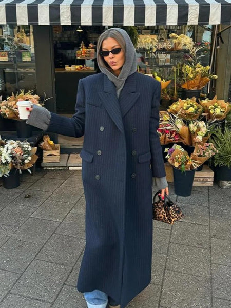 Women's Long Striped Wool Blazer Coat with Shoulder Pads and Notched Lapels