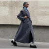Women's Long Striped Wool Blazer Coat with Shoulder Pads and Notched Lapels