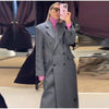 Women's Long Striped Wool Blazer Coat with Shoulder Pads and Notched Lapels