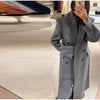 Women's Long Striped Wool Blazer Coat with Shoulder Pads and Notched Lapels