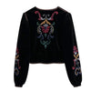 Women's Embroidered Velvet Cropped Blazer with an Open Front and Long Sleeves