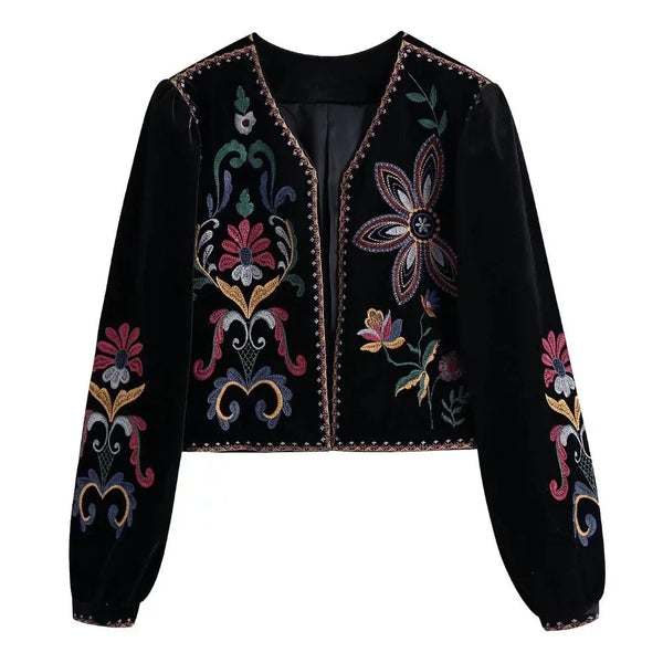 Women's Embroidered Velvet Cropped Blazer with an Open Front and Long Sleeves