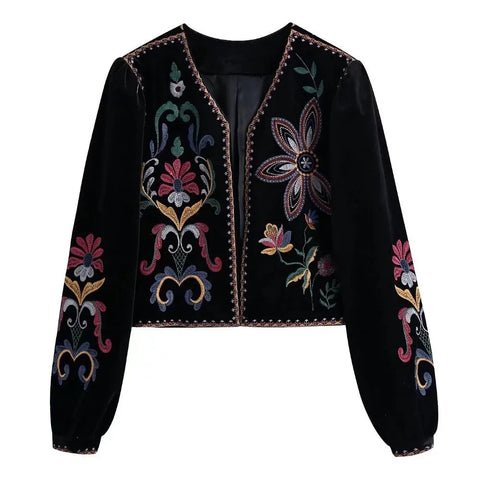 Women's Embroidered Velvet Cropped Blazer with an Open Front and Long Sleeves