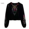 Women's Embroidered Velvet Cropped Blazer with an Open Front and Long Sleeves