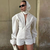 Women's Waist-Cinched V-Neck Blazer with Long Sleeves in Blue Black or White