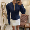 Women's Waist-Cinched V-Neck Blazer with Long Sleeves in Blue Black or White