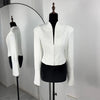 Women's Waist-Cinched V-Neck Blazer with Long Sleeves in Blue Black or White