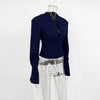 Women's Waist-Cinched V-Neck Blazer with Long Sleeves in Blue Black or White
