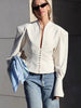 Women's Waist-Cinched V-Neck Blazer with Long Sleeves in Blue Black or White