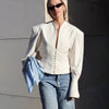 Women's Waist-Cinched V-Neck Blazer with Long Sleeves in Blue Black or White