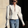 Women's Waist-Cinched V-Neck Blazer with Long Sleeves in Blue Black or White
