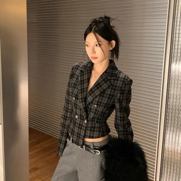 Women's Gray Plaid Cropped Blazer with an Asymmetrical Button Front