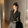 Women's Gray Plaid Cropped Blazer with an Asymmetrical Button Front