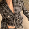 Women's Gray Plaid Cropped Blazer with an Asymmetrical Button Front