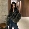 Women's Gray Plaid Cropped Blazer with an Asymmetrical Button Front