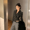 Women's Gray Plaid Cropped Blazer with an Asymmetrical Button Front