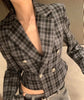 Women's Gray Plaid Cropped Blazer with an Asymmetrical Button Front
